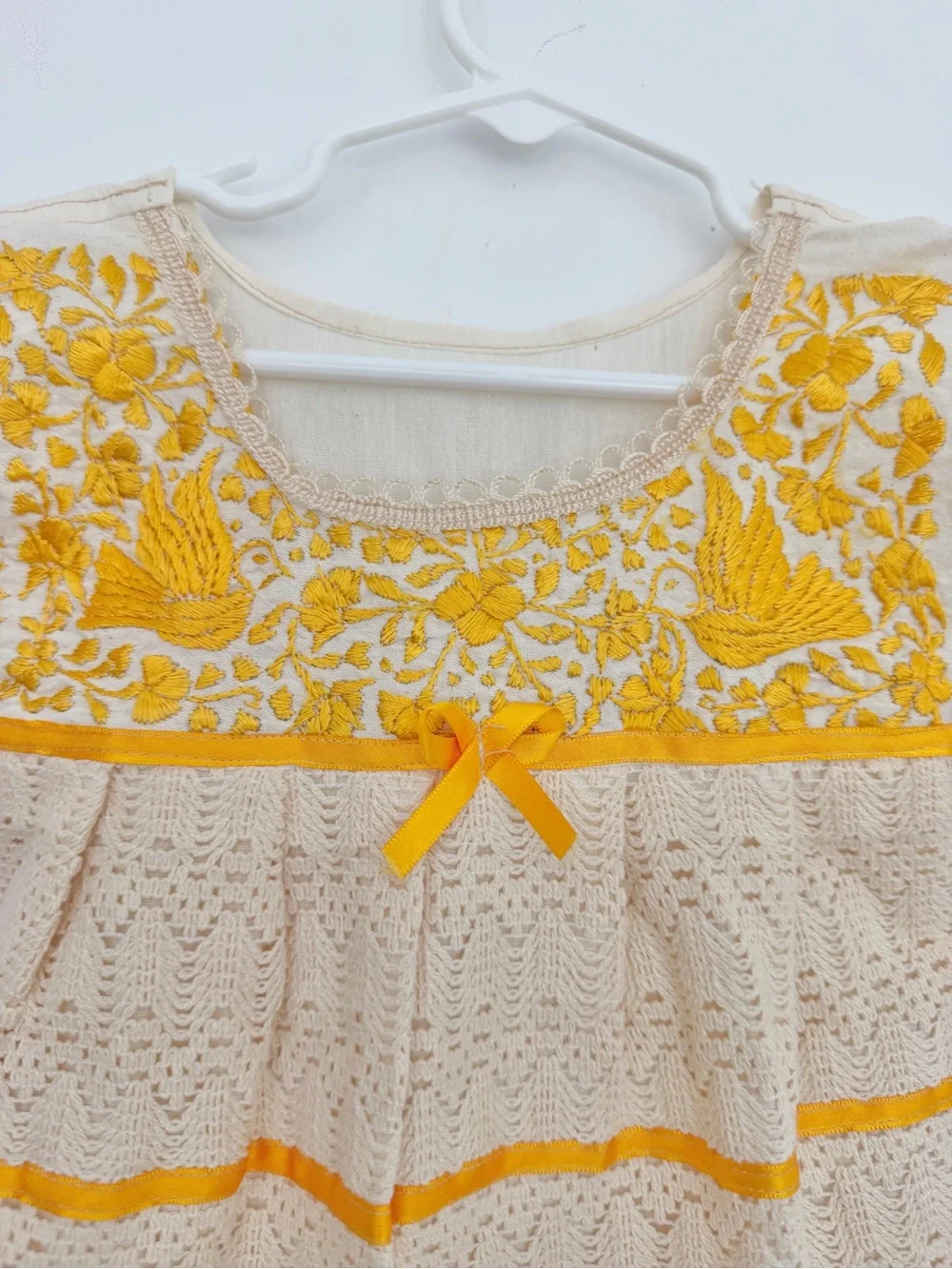 Handmade Mexican Cream and Yellow Embroidered Crochet Kids Dress w Ribbons 3T-4T